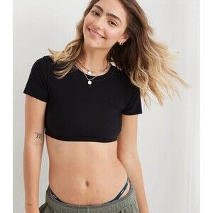 SMOOTHEZ by Aerie Sidewalk Seamless Cropped T-Shirt Crop Top Black  Size Large